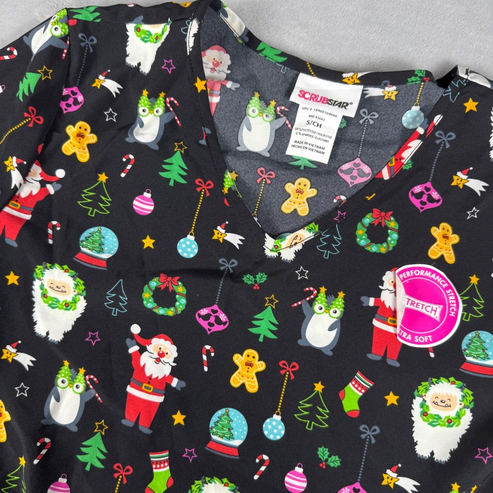 Scrubstar Christmas Holiday Print Scrub Top Womens XS Santa Snowman‎ Ornament